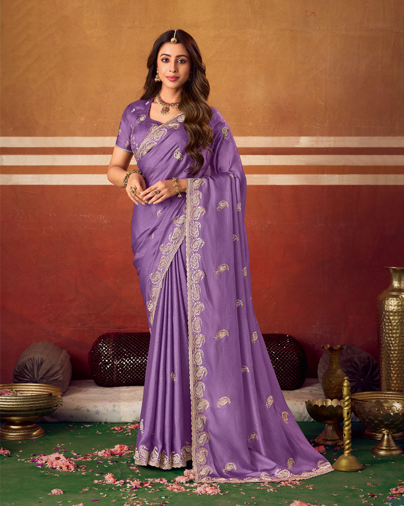 Deep Purple Designer Chiffon Saree With Zari-Embroidery-Diamond Work And Cut Work Fancy Border