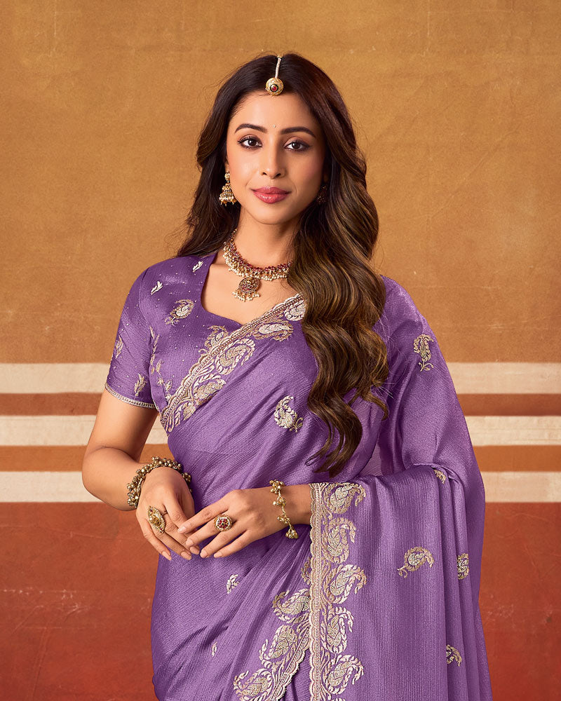 Deep Purple Designer Chiffon Saree With Zari-Embroidery-Diamond Work And Cut Work Fancy Border