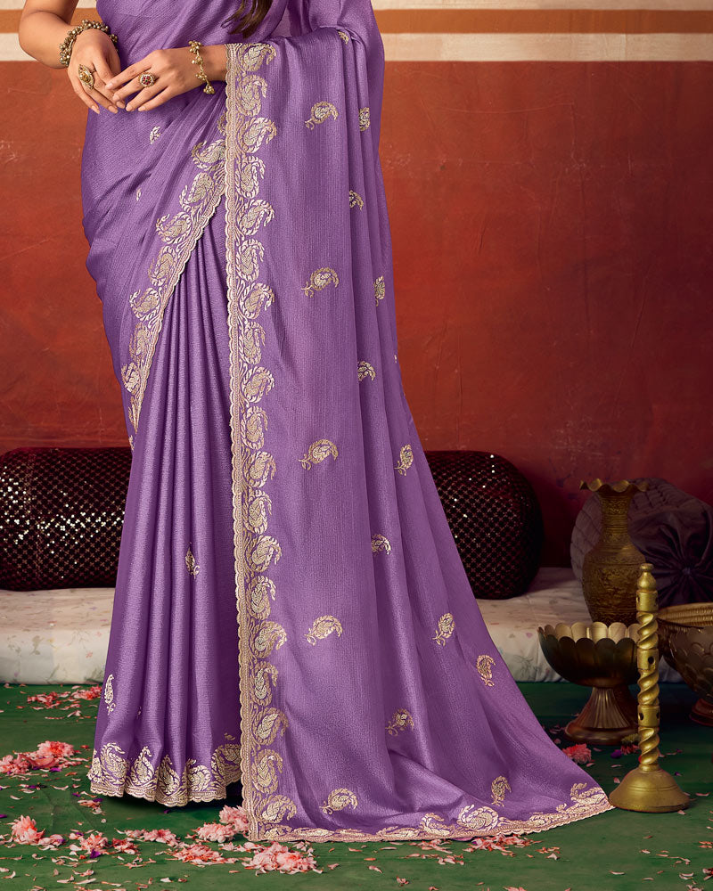 Deep Purple Designer Chiffon Saree With Zari-Embroidery-Diamond Work And Cut Work Fancy Border