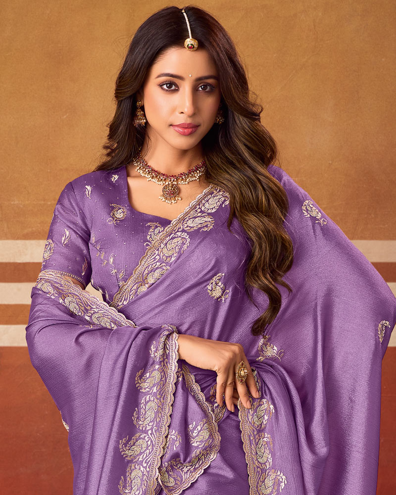 Deep Purple Designer Chiffon Saree With Zari-Embroidery-Diamond Work And Cut Work Fancy Border