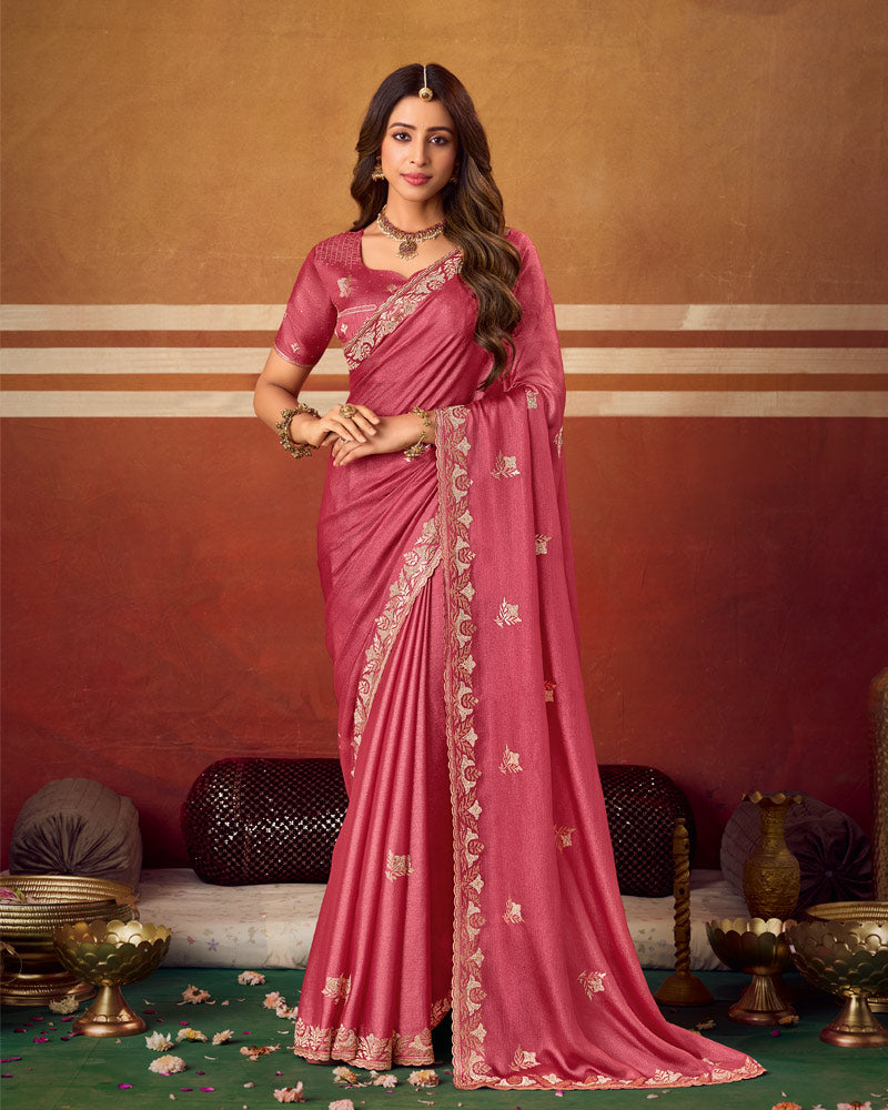 Deep Dusty Rose Designer Chiffon Saree With Zari-Embroidery-Diamond Work And Cut Work Fancy Border