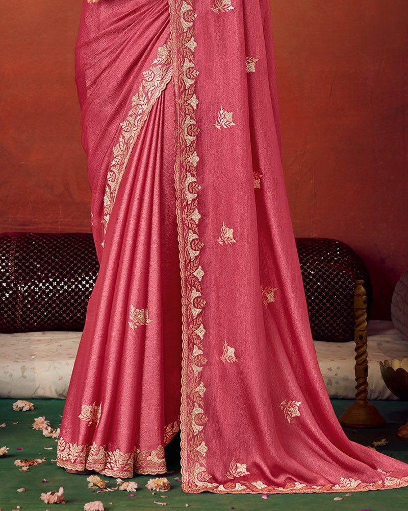 Deep Dusty Rose Designer Chiffon Saree With Zari-Embroidery-Diamond Work And Cut Work Fancy Border
