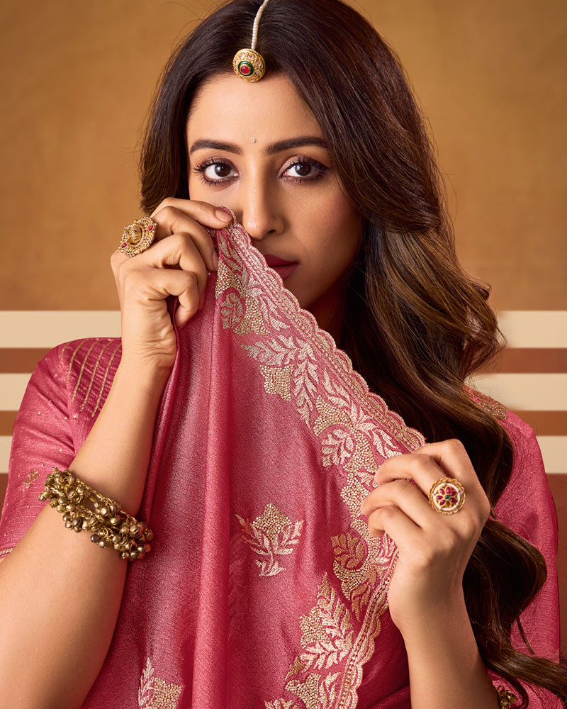 Deep Dusty Rose Designer Chiffon Saree With Zari-Embroidery-Diamond Work And Cut Work Fancy Border