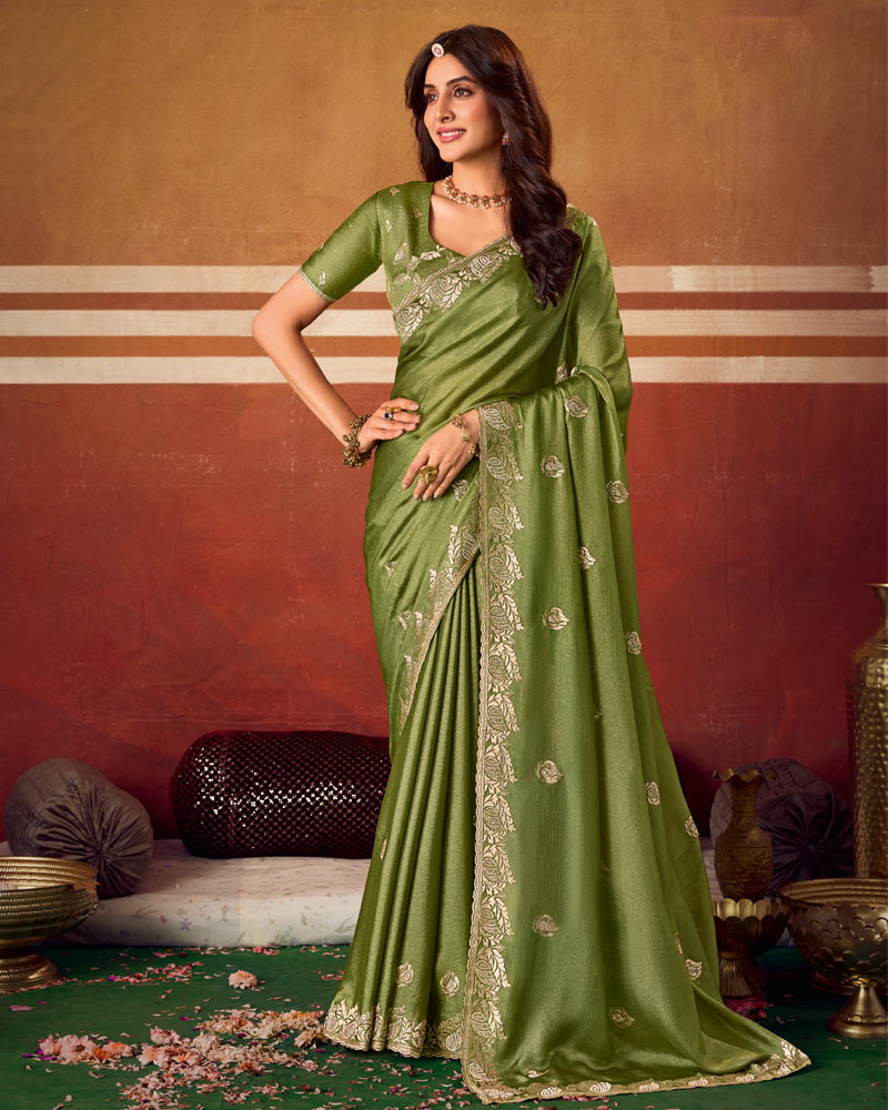 Deep Mehandi Green Designer Chiffon Saree With Zari-Embroidery-Diamond Work And Cut Work Fancy Border