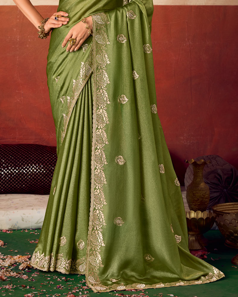 Deep Mehandi Green Designer Chiffon Saree With Zari-Embroidery-Diamond Work And Cut Work Fancy Border