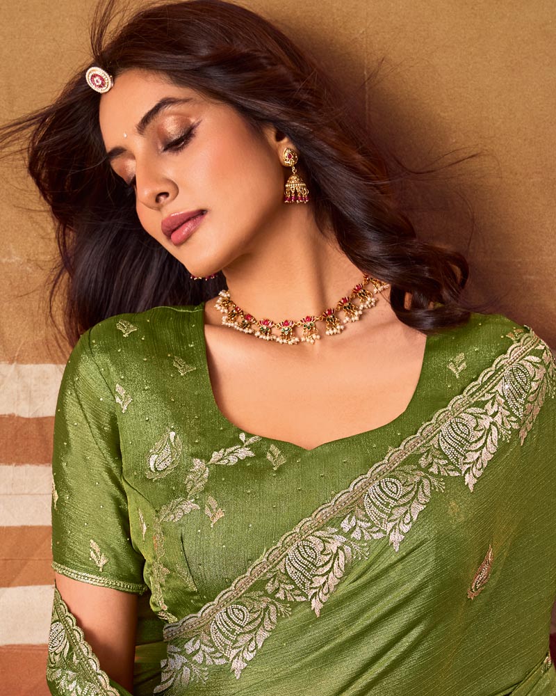 Deep Mehandi Green Designer Chiffon Saree With Zari-Embroidery-Diamond Work And Cut Work Fancy Border