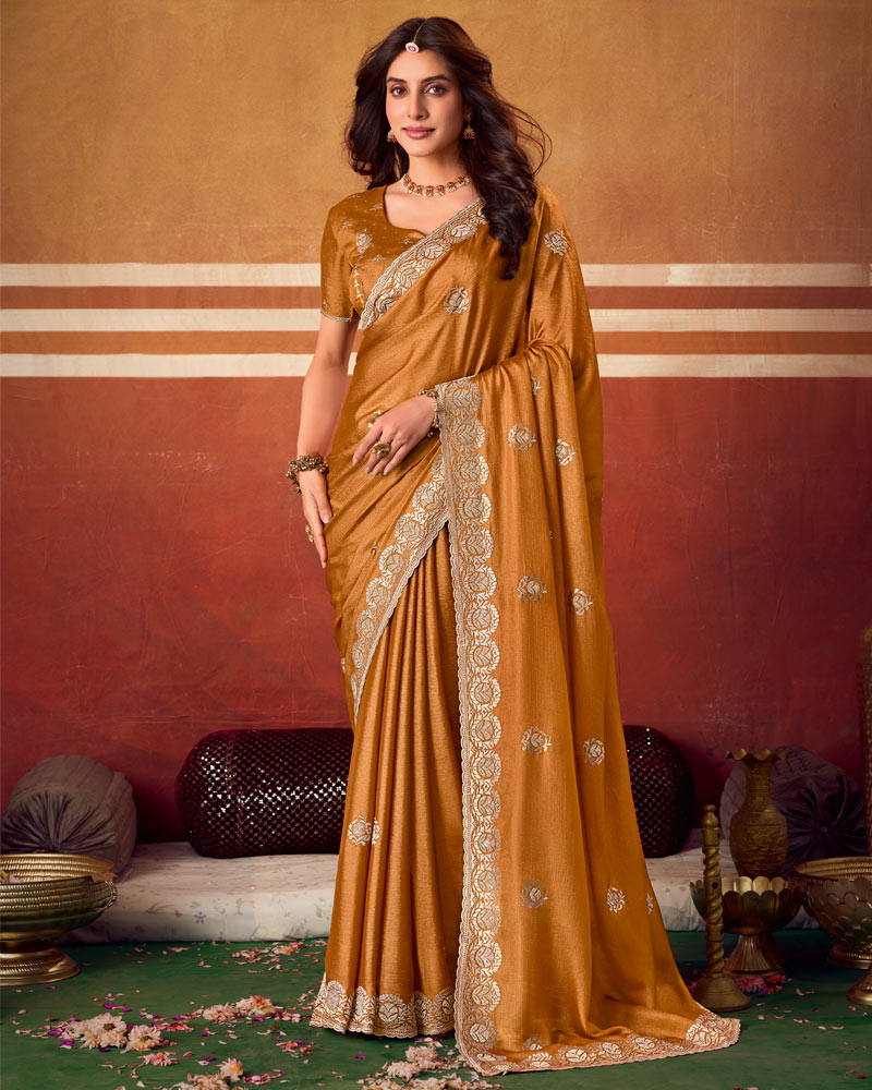 Dusty Mustard Designer Chiffon Saree With Zari-Embroidery-Diamond Work And Cut Work Fancy Border