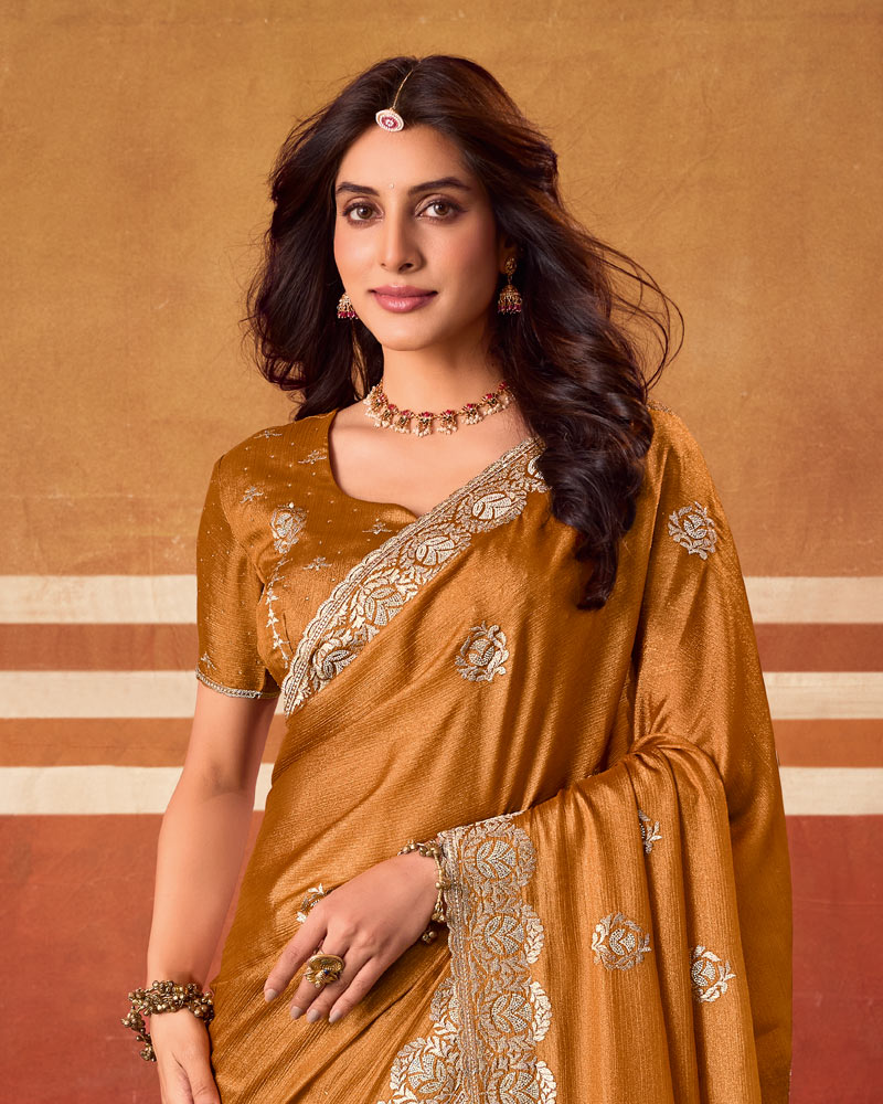 Dusty Mustard Designer Chiffon Saree With Zari-Embroidery-Diamond Work And Cut Work Fancy Border