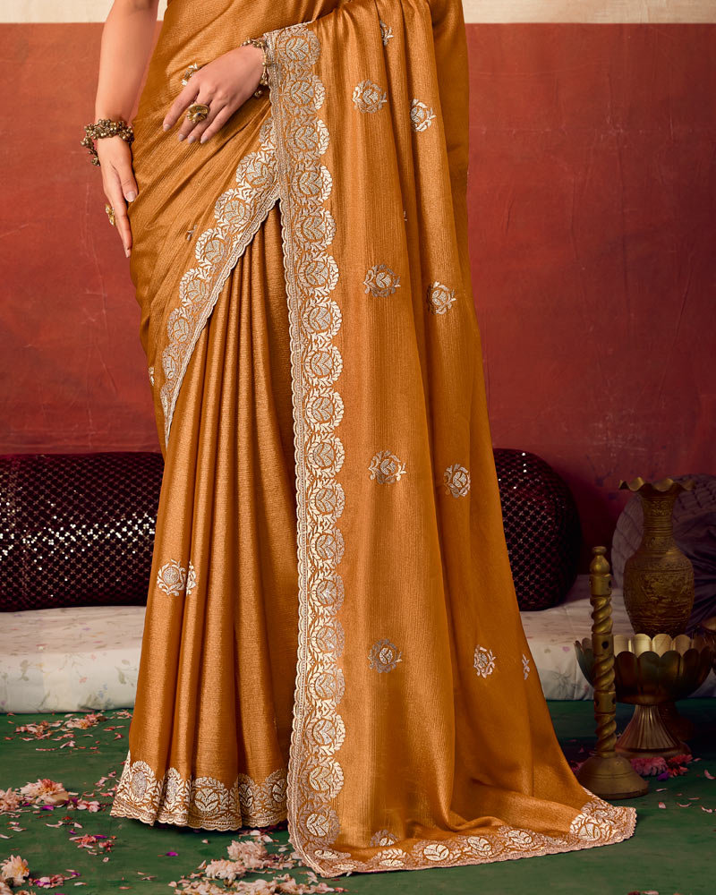 Dusty Mustard Designer Chiffon Saree With Zari-Embroidery-Diamond Work And Cut Work Fancy Border