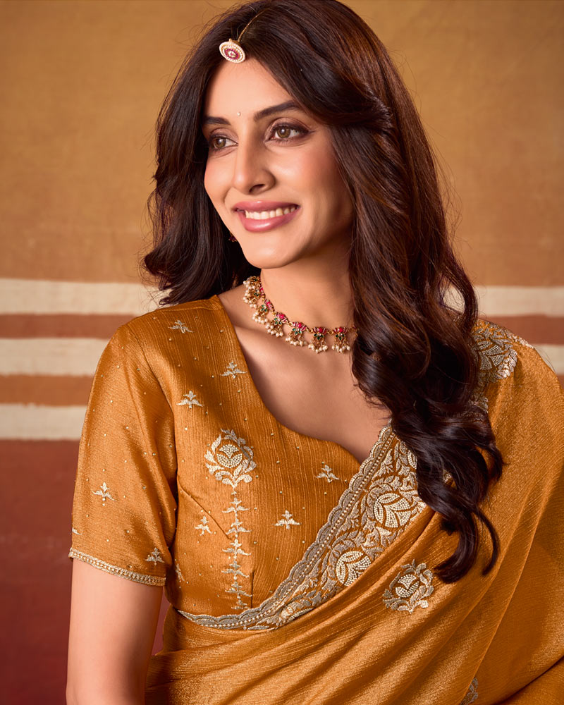 Dusty Mustard Designer Chiffon Saree With Zari-Embroidery-Diamond Work And Cut Work Fancy Border