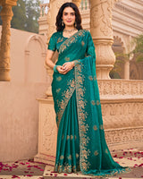 Peacock Green Designer Fancy Chiffon Saree With Embroidery-Diamond Work And Cut Work Border