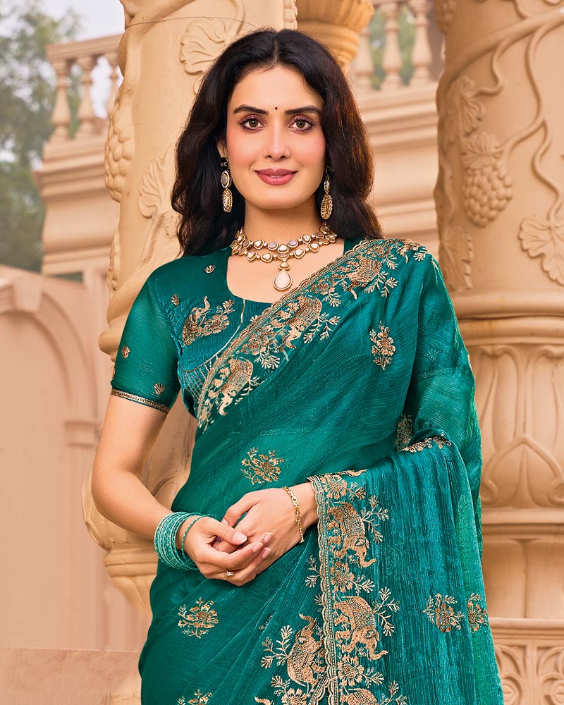 Peacock Green Designer Fancy Chiffon Saree With Embroidery-Diamond Work And Cut Work Border