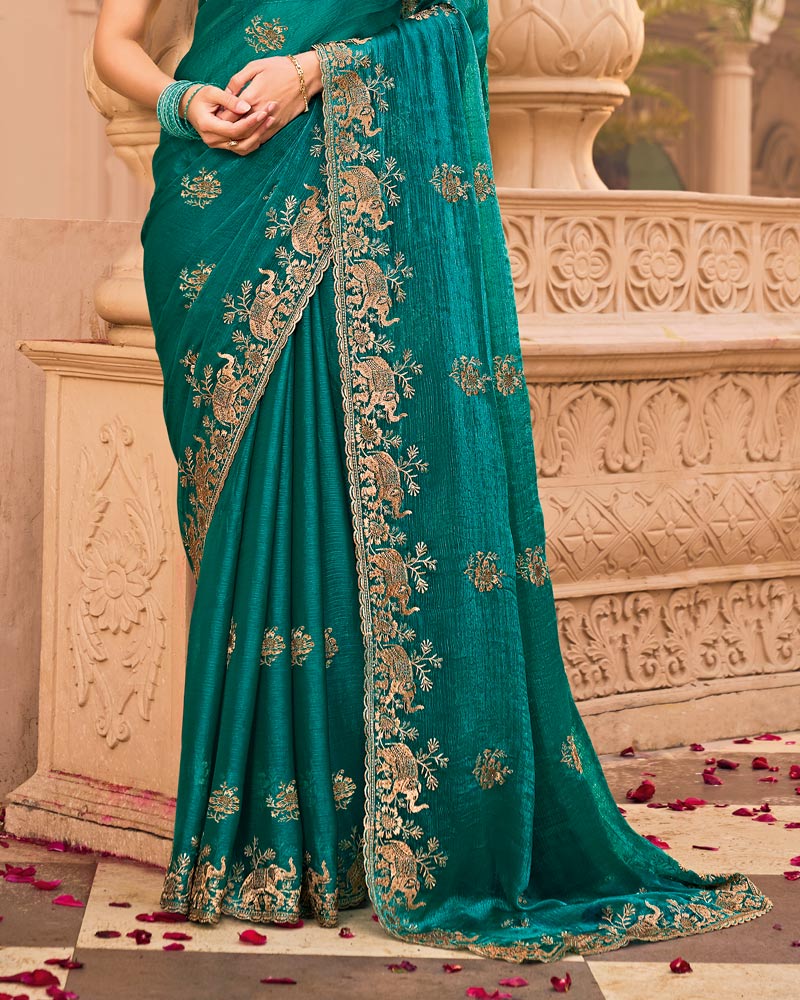 Peacock Green Designer Fancy Chiffon Saree With Embroidery-Diamond Work And Cut Work Border