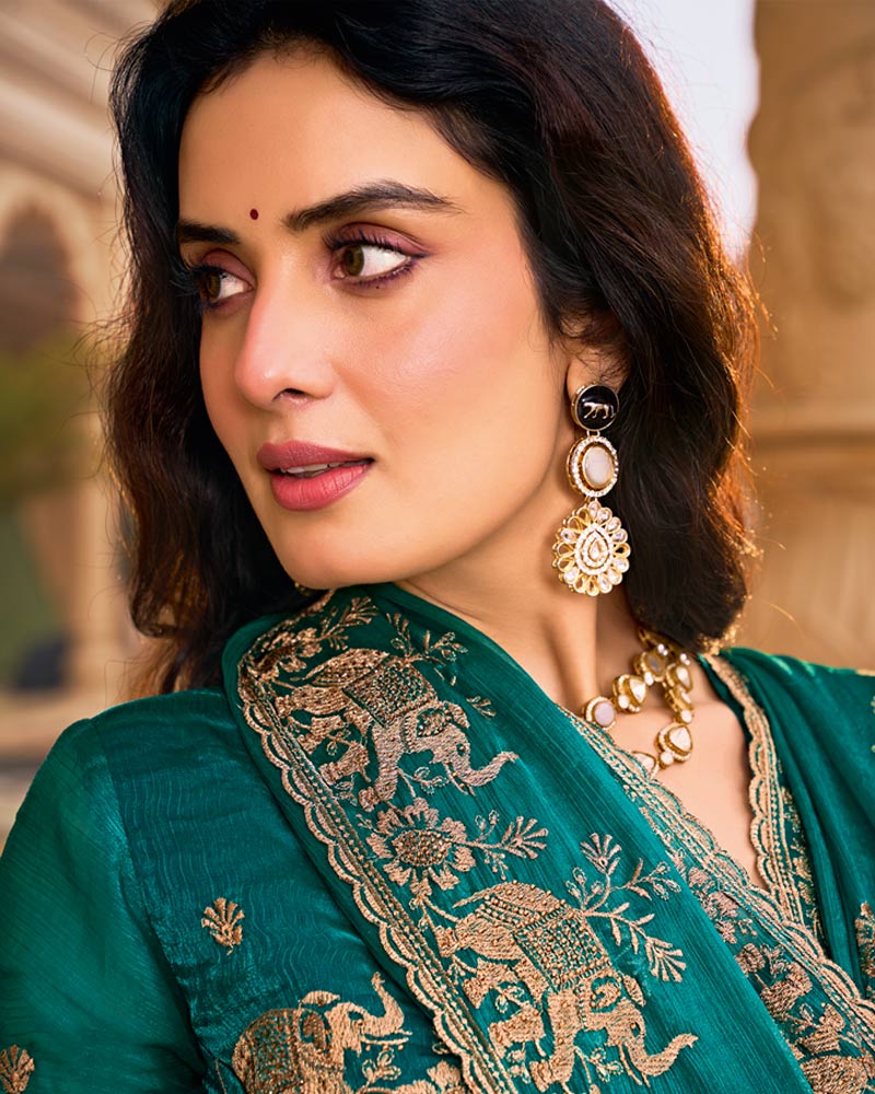 Peacock Green Designer Fancy Chiffon Saree With Embroidery-Diamond Work And Cut Work Border