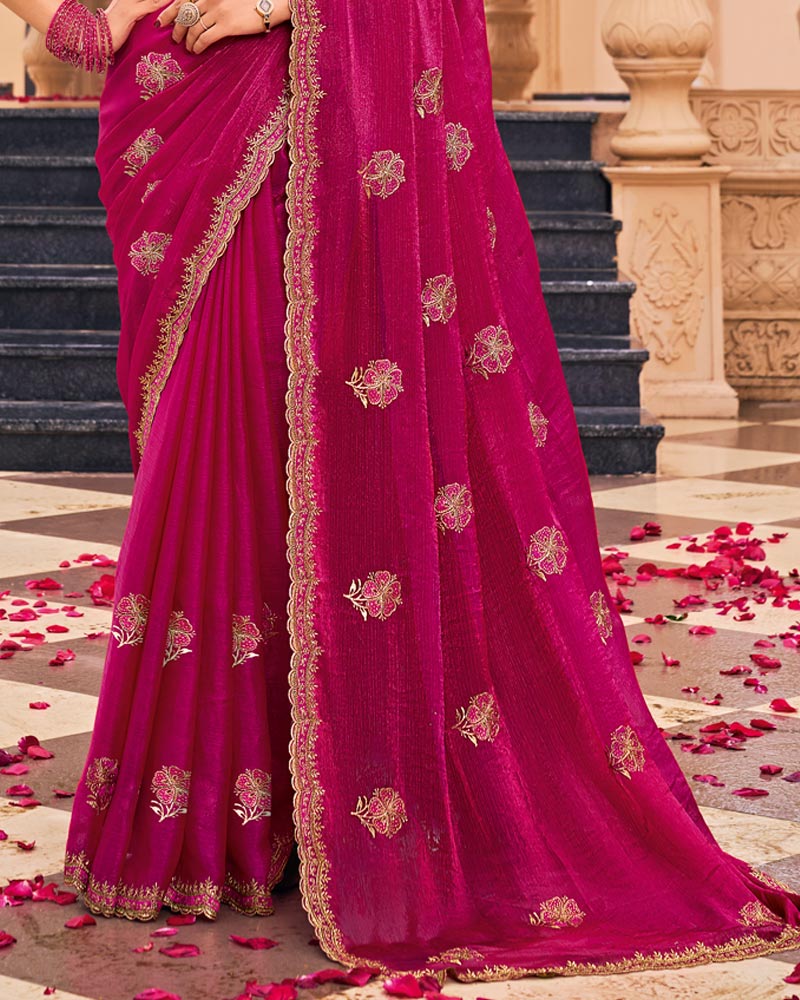 Magenta Pink Designer Fancy Chiffon Saree With Embroidery-Diamond Work And Cut Work Border