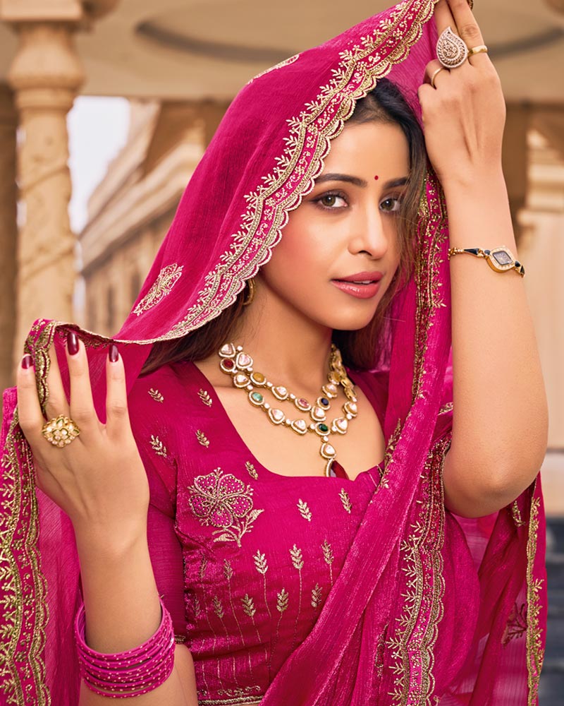 Magenta Pink Designer Fancy Chiffon Saree With Embroidery-Diamond Work And Cut Work Border