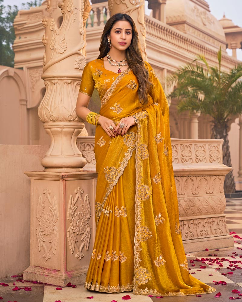 Mustard Yellow Designer Fancy Chiffon Saree With Embroidery-Diamond Work And Cut Work Border