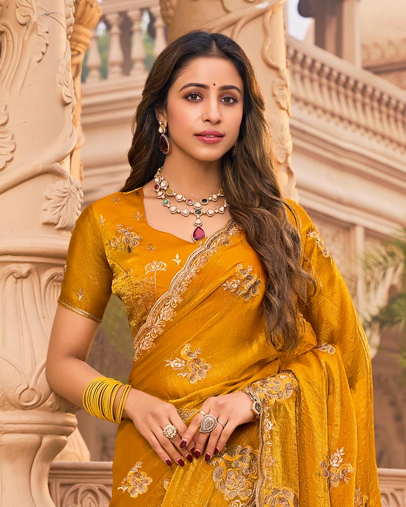Mustard Yellow Designer Fancy Chiffon Saree With Embroidery-Diamond Work And Cut Work Border