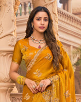 Mustard Yellow Designer Fancy Chiffon Saree With Embroidery-Diamond Work And Cut Work Border