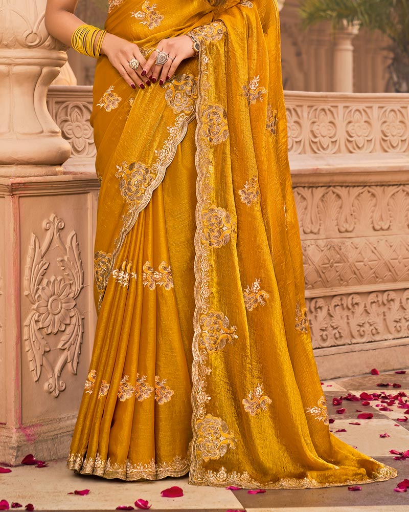 Mustard Yellow Designer Fancy Chiffon Saree With Embroidery-Diamond Work And Cut Work Border
