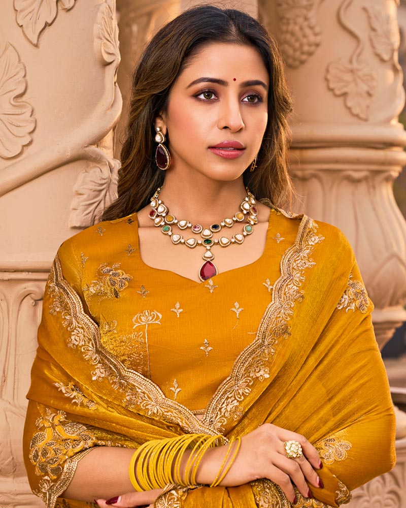 Mustard Yellow Designer Fancy Chiffon Saree With Embroidery-Diamond Work And Cut Work Border