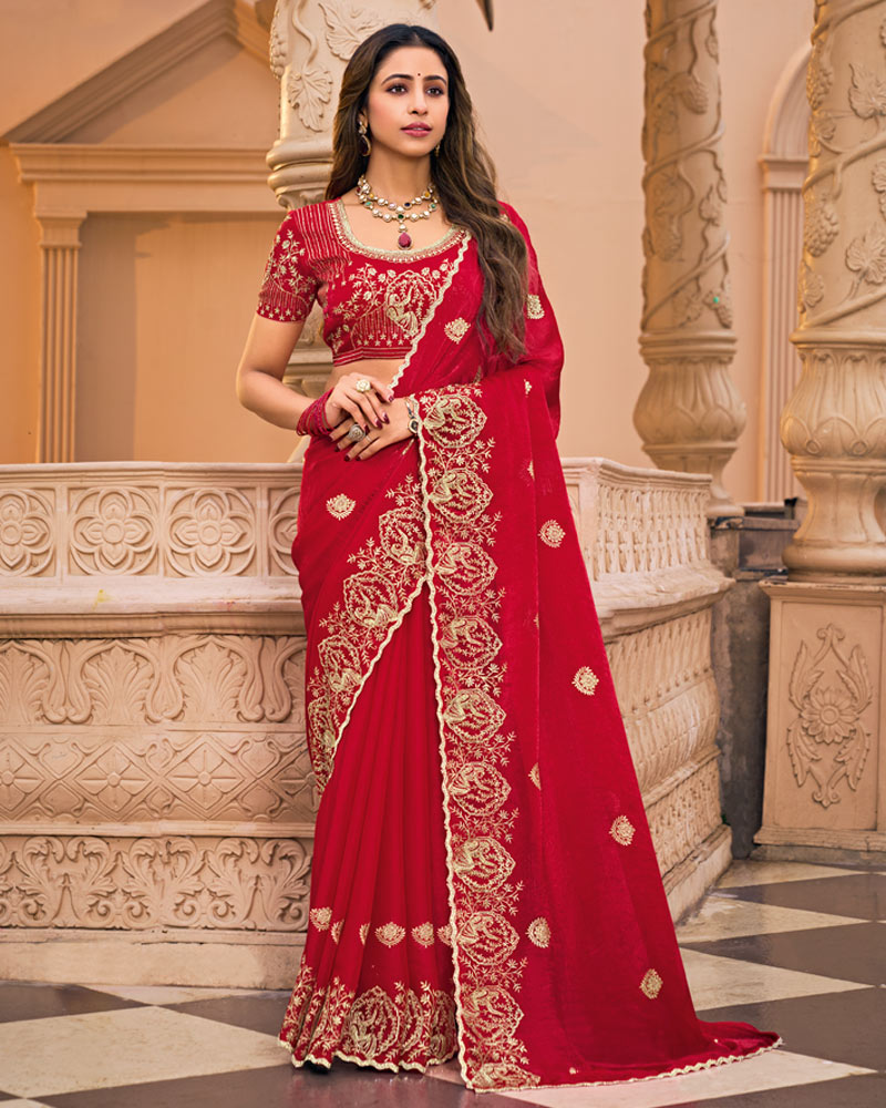 Crimson Red Designer Fancy Chiffon Saree With Embroidery-Diamond Work And Cut Work Border