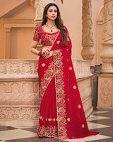 Crimson Red Designer Fancy Chiffon Saree With Embroidery-Diamond Work And Cut Work Border