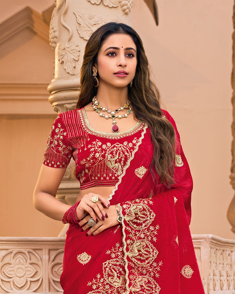 Crimson Red Designer Fancy Chiffon Saree With Embroidery-Diamond Work And Cut Work Border