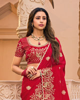 Crimson Red Designer Fancy Chiffon Saree With Embroidery-Diamond Work And Cut Work Border