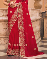 Crimson Red Designer Fancy Chiffon Saree With Embroidery-Diamond Work And Cut Work Border
