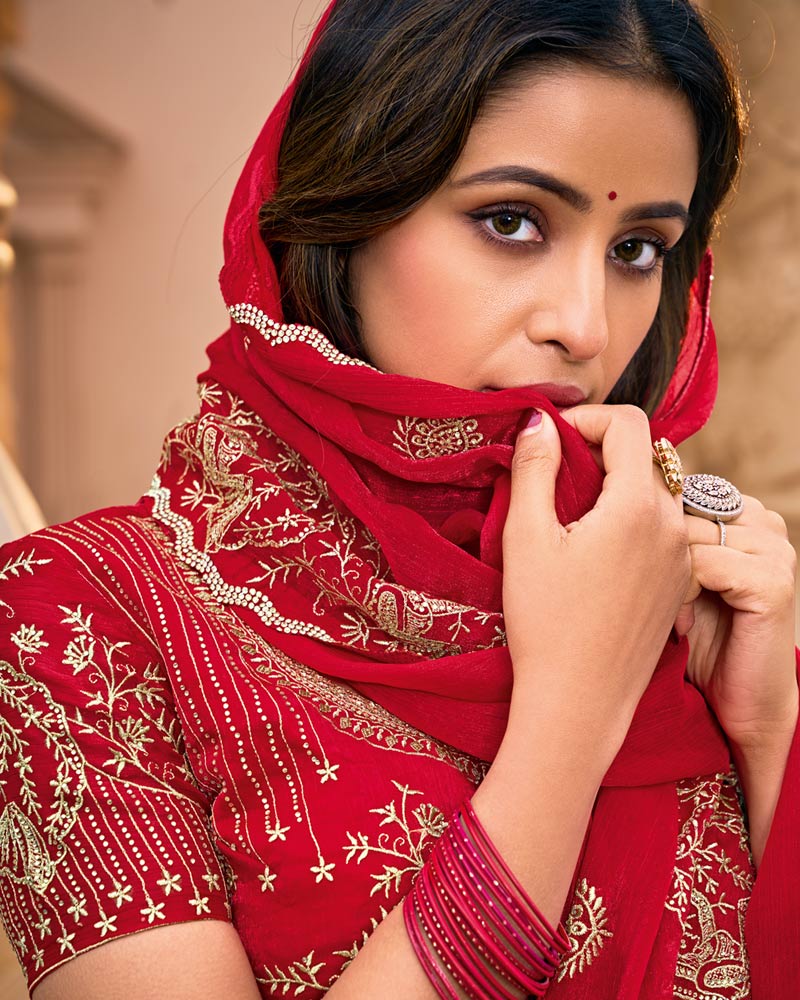 Crimson Red Designer Fancy Chiffon Saree With Embroidery-Diamond Work And Cut Work Border