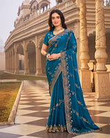 Peacock Blue Designer Fancy Chiffon Saree With Embroidery-Diamond Work And Cut Work Border