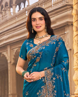 Peacock Blue Designer Fancy Chiffon Saree With Embroidery-Diamond Work And Cut Work Border
