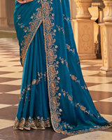 Peacock Blue Designer Fancy Chiffon Saree With Embroidery-Diamond Work And Cut Work Border