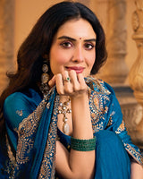 Peacock Blue Designer Fancy Chiffon Saree With Embroidery-Diamond Work And Cut Work Border