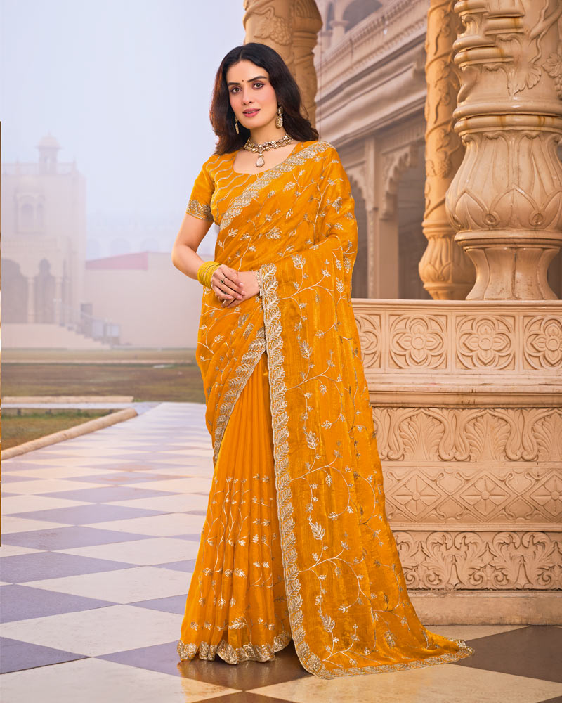 Pumpkin Orange Designer Fancy Chiffon Saree With Embroidery-Diamond Work And Cut Work Border