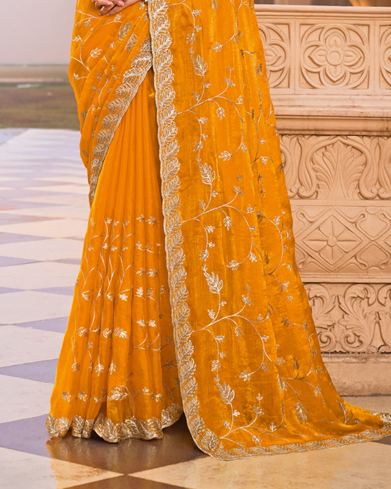 Pumpkin Orange Designer Fancy Chiffon Saree With Embroidery-Diamond Work And Cut Work Border