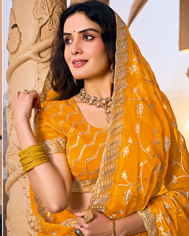 Pumpkin Orange Designer Fancy Chiffon Saree With Embroidery-Diamond Work And Cut Work Border