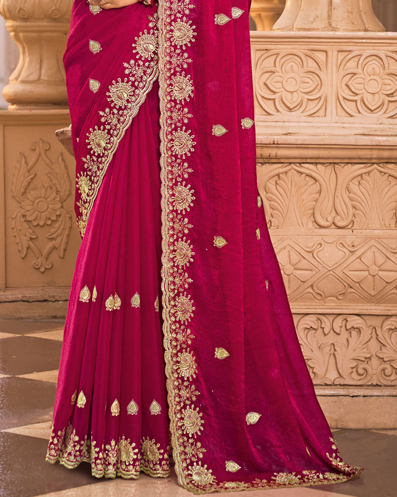 Berry Pink Designer Fancy Chiffon Saree With Embroidery-Diamond Work And Cut Work Border