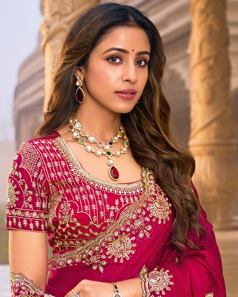 Berry Pink Designer Fancy Chiffon Saree With Embroidery-Diamond Work And Cut Work Border