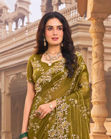Olive Green Designer Fancy Chiffon Saree With Embroidery-Diamond Work And Cut Work Border
