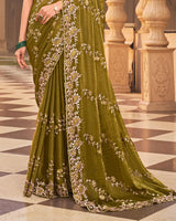Olive Green Designer Fancy Chiffon Saree With Embroidery-Diamond Work And Cut Work Border