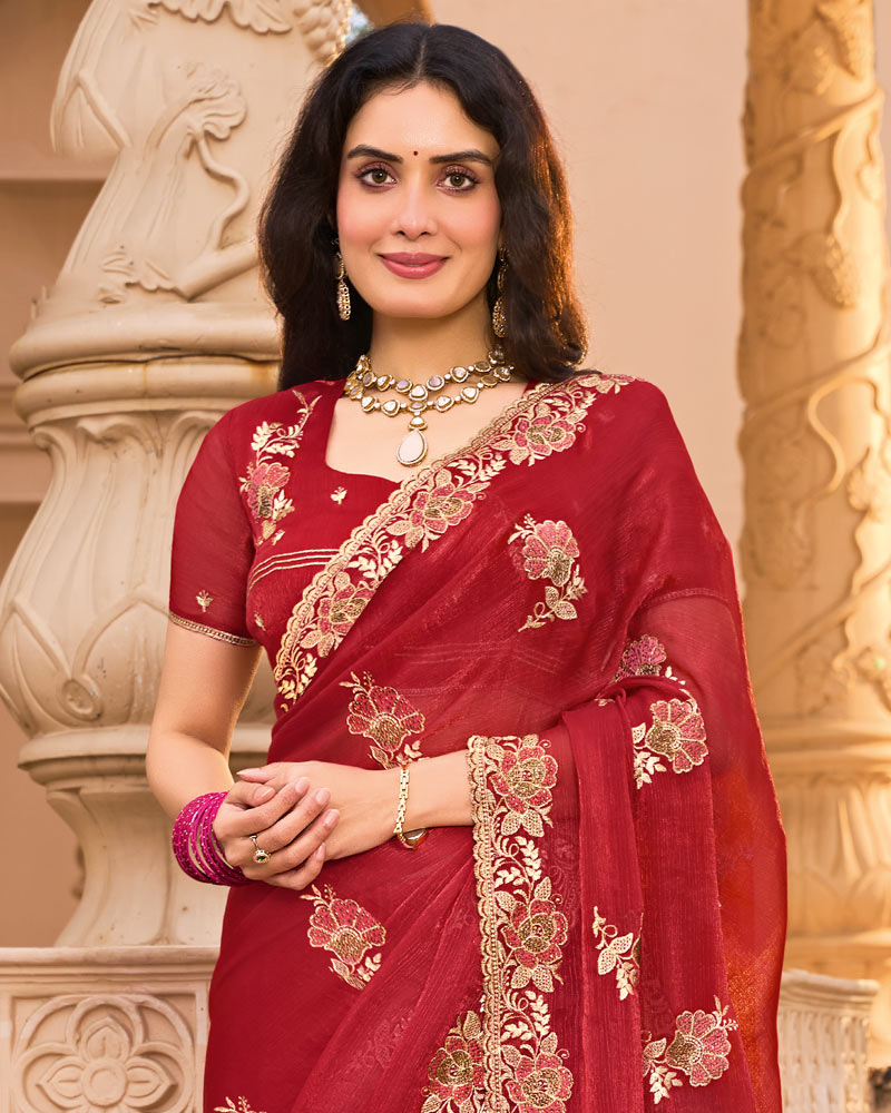 Maroon Red Designer Fancy Chiffon Saree With Embroidery-Diamond Work And Cut Work Border