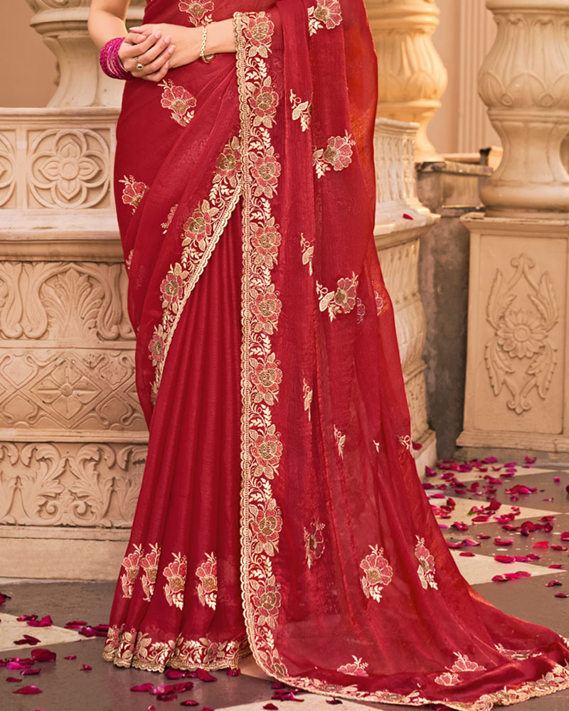 Maroon Red Designer Fancy Chiffon Saree With Embroidery-Diamond Work And Cut Work Border