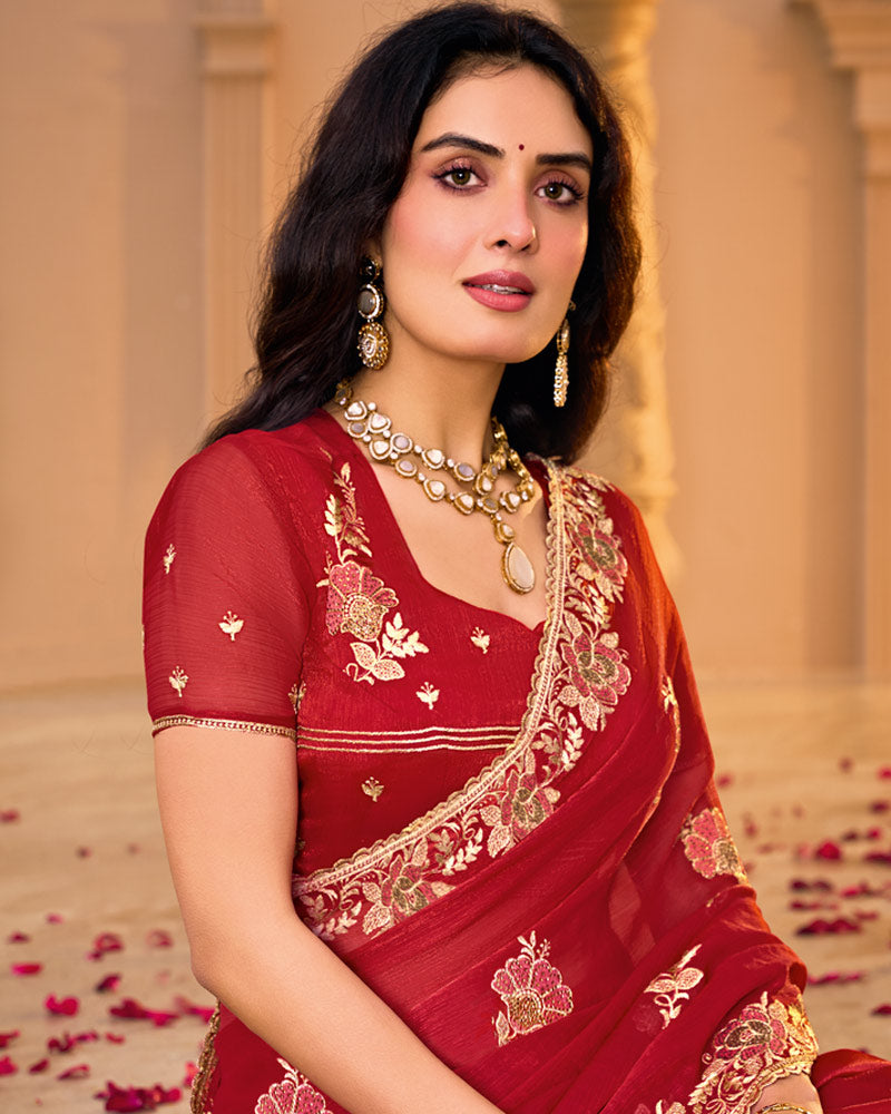 Maroon Red Designer Fancy Chiffon Saree With Embroidery-Diamond Work And Cut Work Border