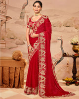 Crimson Red Designer Fancy Satin Saree With Zari Embroidery-Diamond Work And Cut Work Border