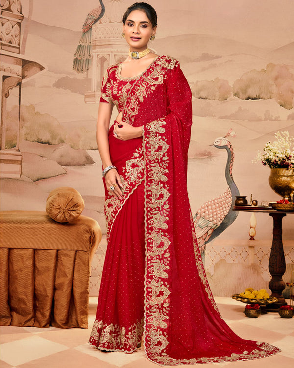 Crimson Red Designer Fancy Satin Saree With Zari Embroidery-Diamond Work And Cut Work Border