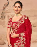 Crimson Red Designer Fancy Satin Saree With Zari Embroidery-Diamond Work And Cut Work Border