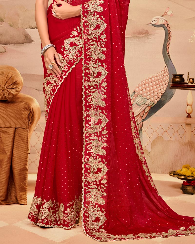 Crimson Red Designer Fancy Satin Saree With Zari Embroidery-Diamond Work And Cut Work Border