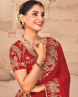 Crimson Red Designer Fancy Satin Saree With Zari Embroidery-Diamond Work And Cut Work Border